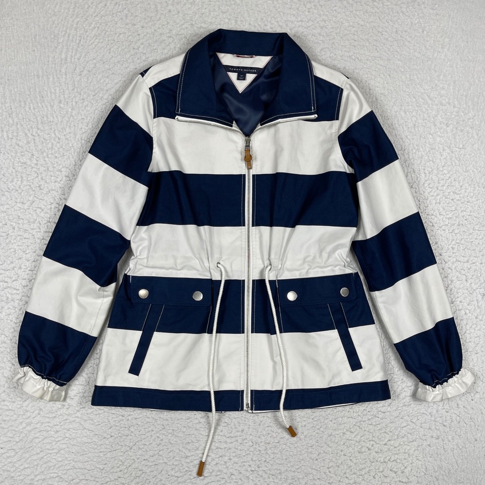 Tommy Hilfiger Striped Field Jacket Womens Small Navy‎ White Nautical Utility